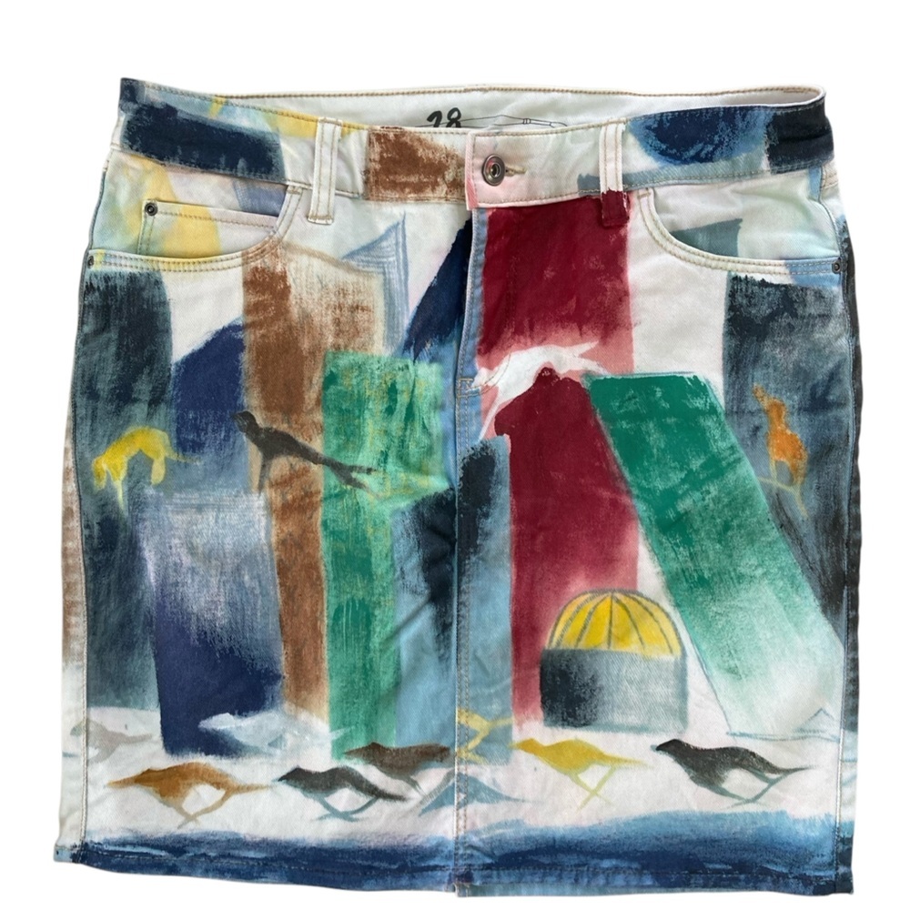 Anthropologie Hives Hand Painted‎ Denim Skirt Wearable Art Abstract (Size 28)